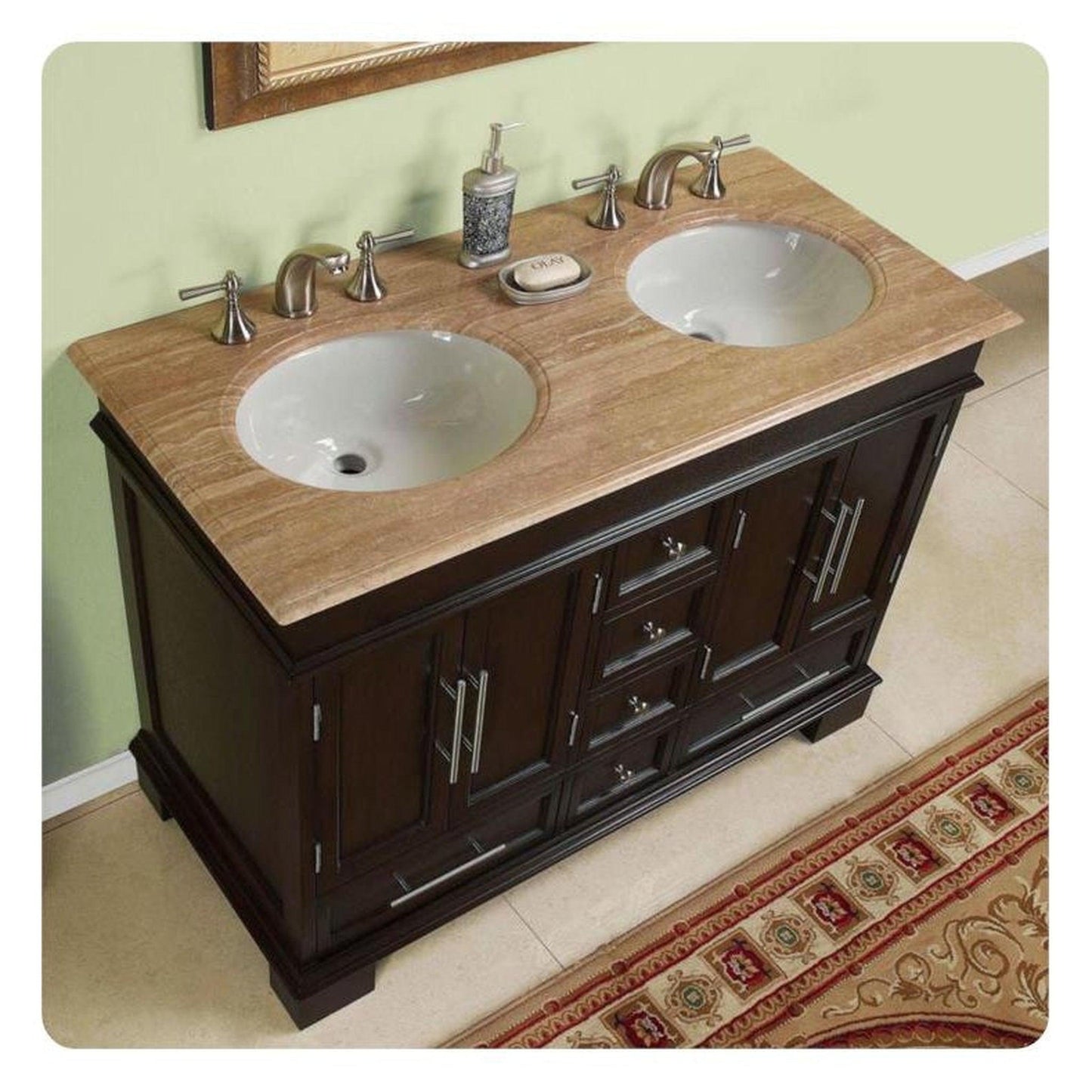 Silkroad Exclusive 48" Double Sink Dark Walnut Bathroom Vanity With Travertine Countertop and White Ceramic Undermount Sink - HYP-0224-T-UWC-48