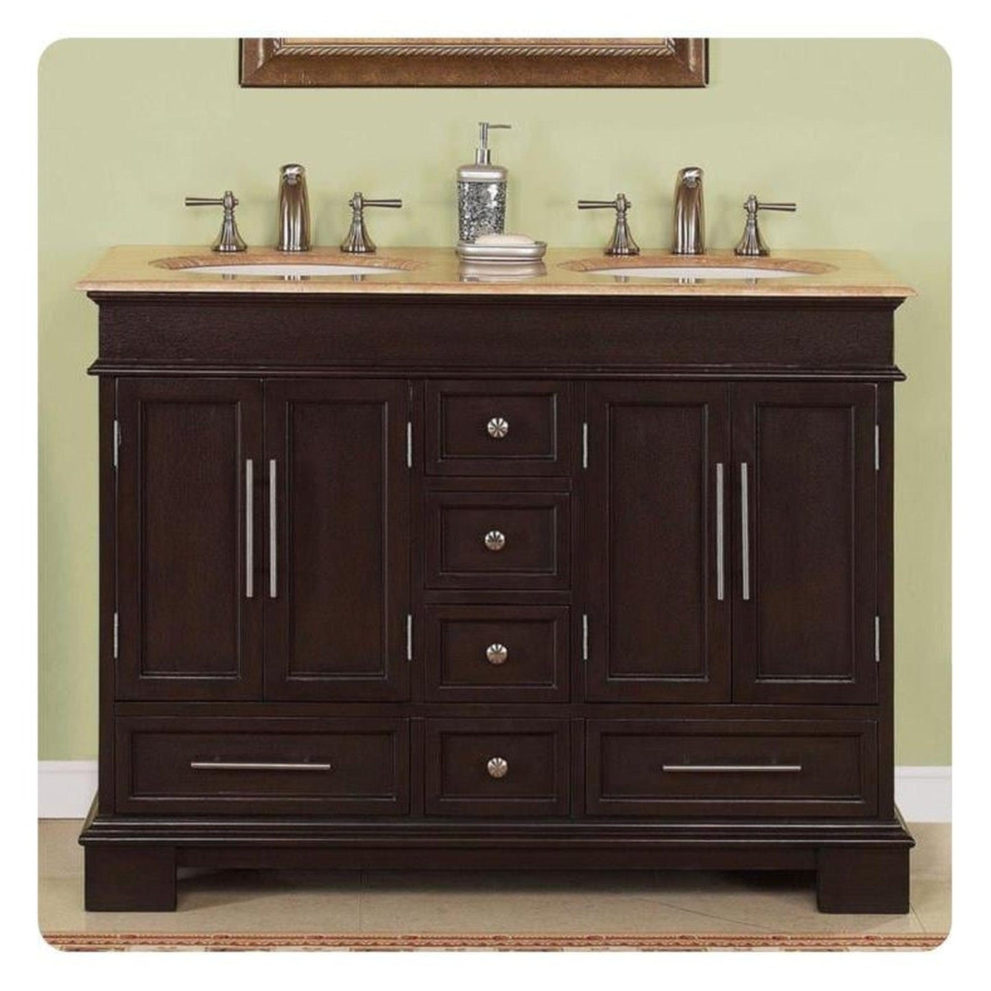 Silkroad Exclusive 48" Double Sink Dark Walnut Bathroom Vanity With Travertine Countertop and White Ceramic Undermount Sink - HYP-0224-T-UWC-48