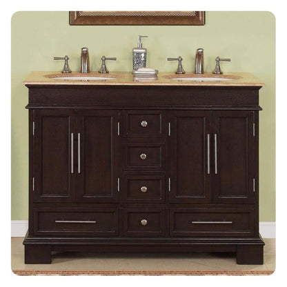 Silkroad Exclusive 48" Double Sink Dark Walnut Bathroom Vanity With Travertine Countertop and White Ceramic Undermount Sink - HYP-0224-T-UWC-48