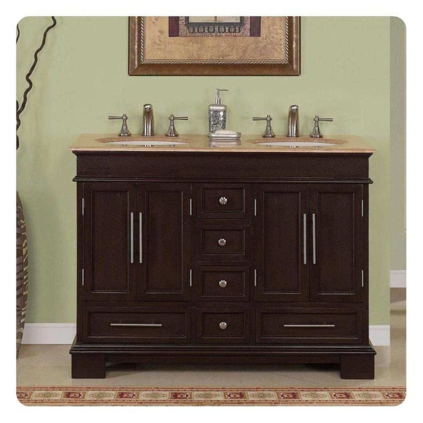 Silkroad Exclusive 48" Double Sink Dark Walnut Bathroom Vanity With Travertine Countertop and White Ceramic Undermount Sink - HYP-0224-T-UWC-48