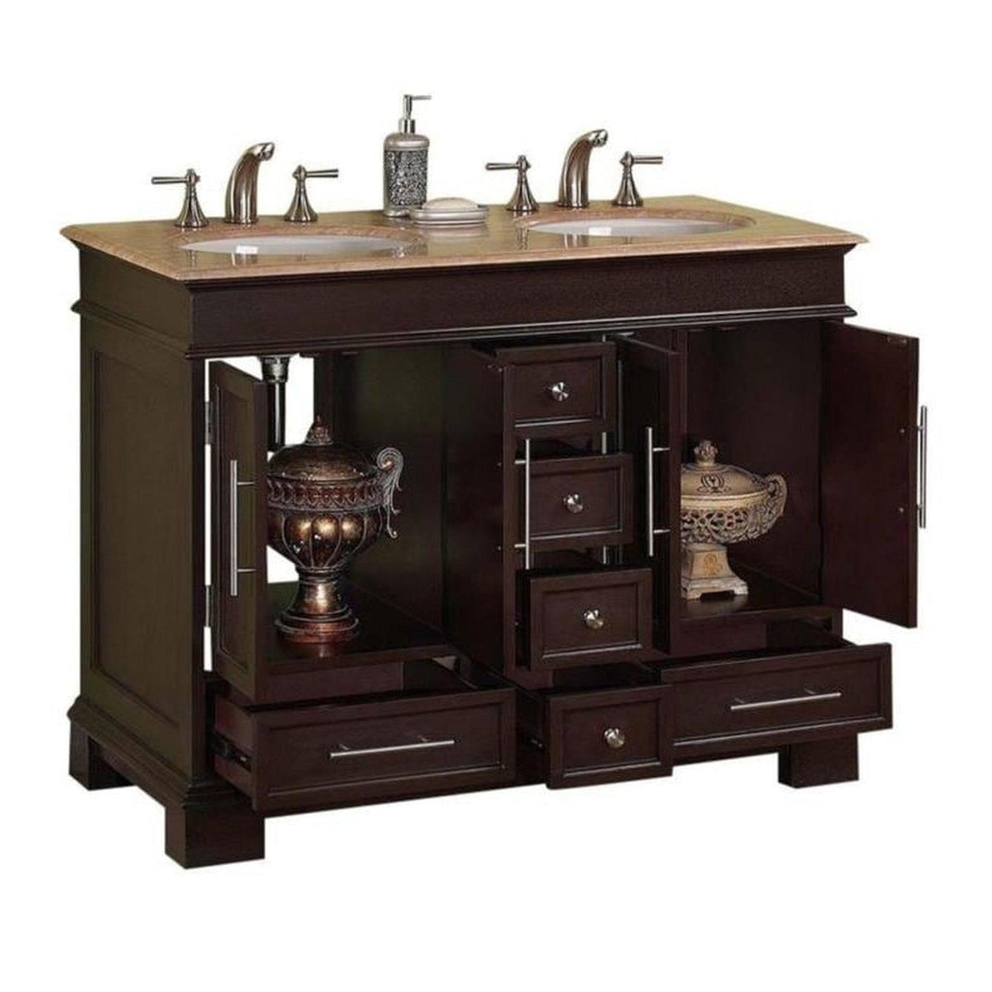 Silkroad Exclusive 48" Double Sink Dark Walnut Bathroom Vanity With Travertine Countertop and White Ceramic Undermount Sink - HYP-0224-T-UWC-48