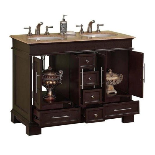 Silkroad Exclusive 48" Double Sink Dark Walnut Bathroom Vanity With Travertine Countertop and White Ceramic Undermount Sink - HYP-0224-T-UWC-48