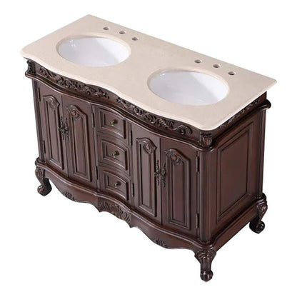 Silkroad Exclusive 48" Double Sink English Chestnut Bathroom Vanity With Crema Marfil Marble Countertop and White Ceramic Undermount Sink - V0145CW48D