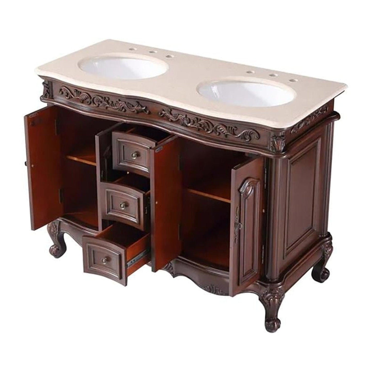 Silkroad Exclusive 48" Double Sink English Chestnut Bathroom Vanity With Crema Marfil Marble Countertop and White Ceramic Undermount Sink - V0145CW48D