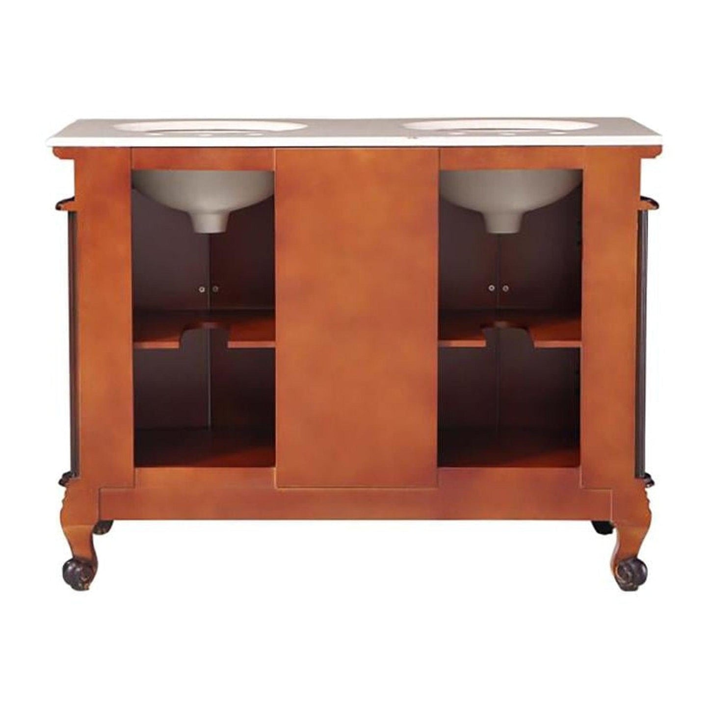 Silkroad Exclusive 48" Double Sink English Chestnut Bathroom Vanity With Crema Marfil Marble Countertop and White Ceramic Undermount Sink - V0145CW48D