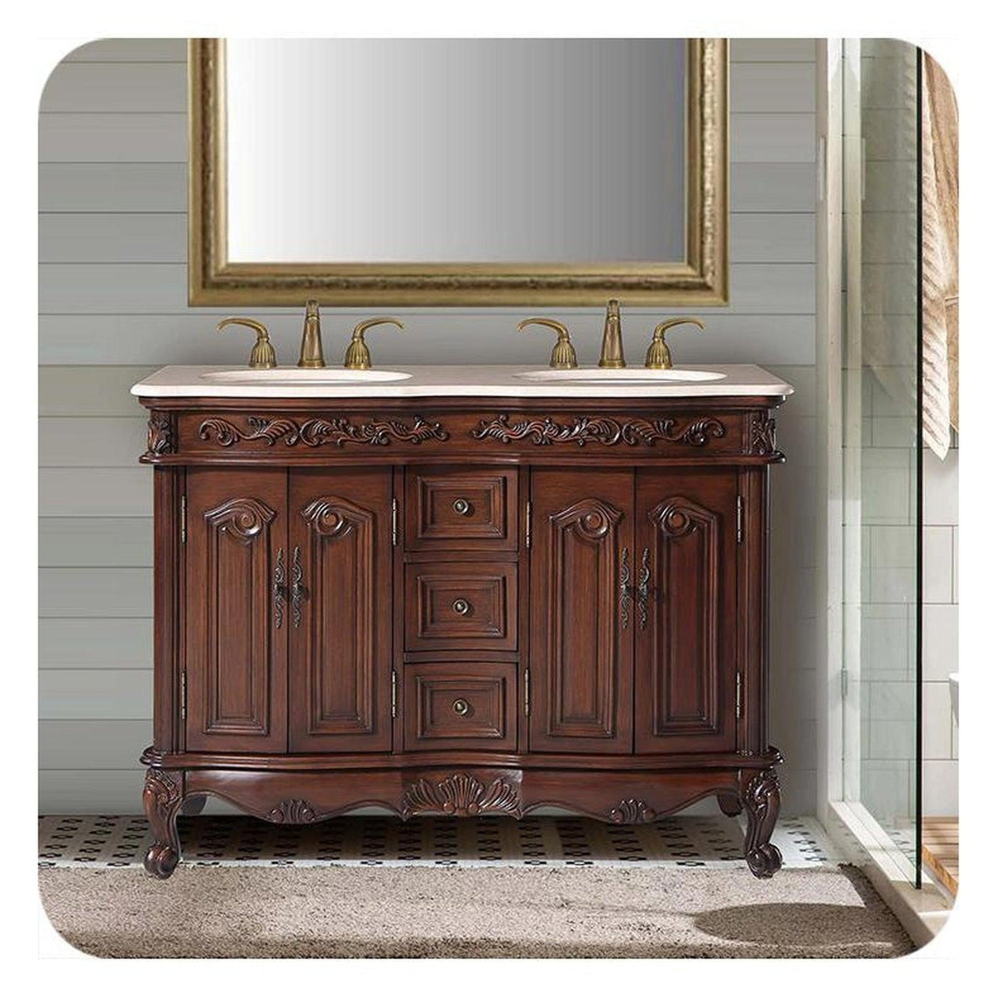 Silkroad Exclusive 48" Double Sink English Chestnut Bathroom Vanity With Crema Marfil Marble Countertop and White Ceramic Undermount Sink - V0145CW48D