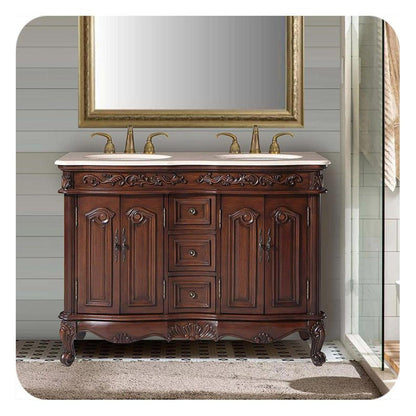 Silkroad Exclusive 48" Double Sink English Chestnut Bathroom Vanity With Crema Marfil Marble Countertop and White Ceramic Undermount Sink - V0145CW48D