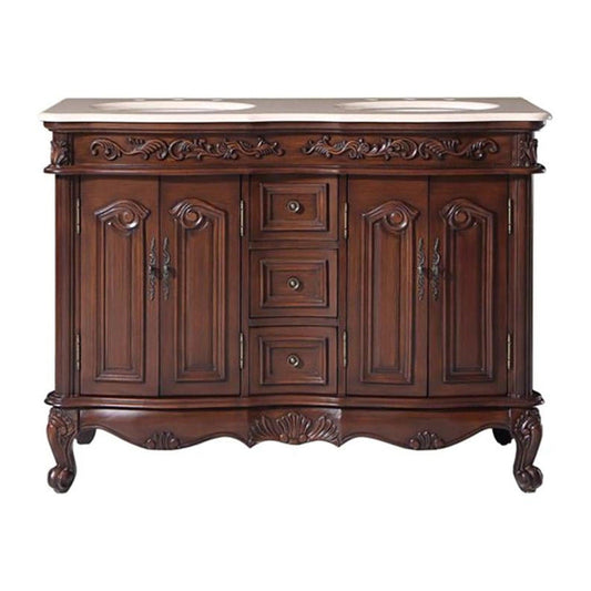 Silkroad Exclusive 48" Double Sink English Chestnut Bathroom Vanity With Crema Marfil Marble Countertop and White Ceramic Undermount Sink - V0145CW48D