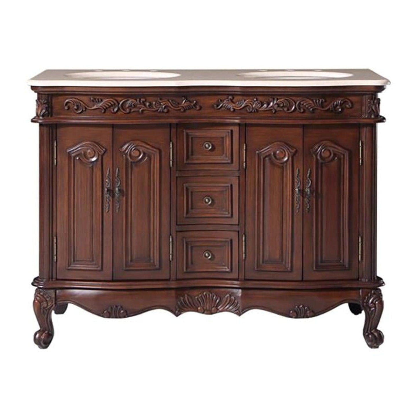 Silkroad Exclusive 48" Double Sink English Chestnut Bathroom Vanity With Crema Marfil Marble Countertop and White Ceramic Undermount Sink - V0145CW48D