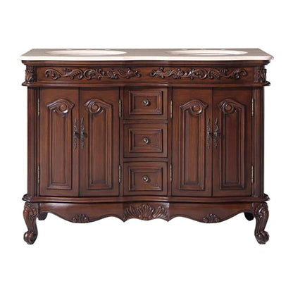 Silkroad Exclusive 48" Double Sink English Chestnut Bathroom Vanity With Crema Marfil Marble Countertop and White Ceramic Undermount Sink - V0145CW48D