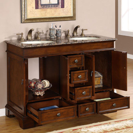 Silkroad Exclusive 48" Double Sink Red Chestnut Bathroom Vanity With Baltic Brown Granite Countertop and Ivory Ceramic Undermount Sink - HYP-0715-BB-UIC-48