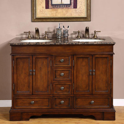 Silkroad Exclusive 48" Double Sink Red Chestnut Bathroom Vanity With Baltic Brown Granite Countertop and Ivory Ceramic Undermount Sink - HYP-0715-BB-UIC-48