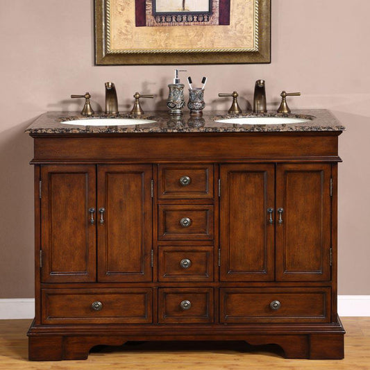 Silkroad Exclusive 48" Double Sink Red Chestnut Bathroom Vanity With Baltic Brown Granite Countertop and Ivory Ceramic Undermount Sink - HYP-0715-BB-UIC-48
