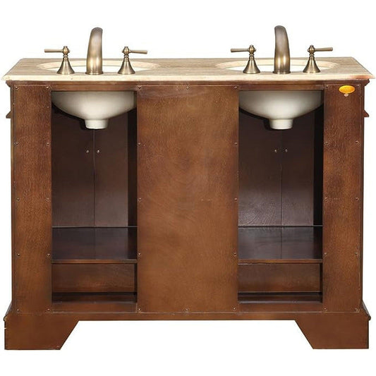 Silkroad Exclusive 48" Double Sink Red Chestnut Bathroom Vanity With Travertine Countertop and Ivory Ceramic Undermount Sink - HYP-0715-T-UIC-48