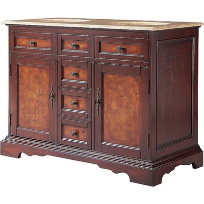 Silkroad Exclusive 48" Double Sink Red Chestnut Bathroom Vanity With Travertine Countertop and White Ceramic Undermount Sink - HYP-0716-T-UWC-48