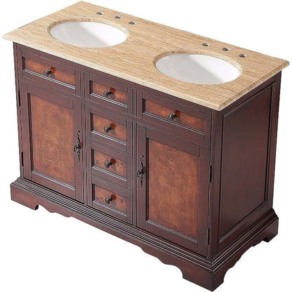 Silkroad Exclusive 48" Double Sink Red Chestnut Bathroom Vanity With Travertine Countertop and White Ceramic Undermount Sink - HYP-0716-T-UWC-48