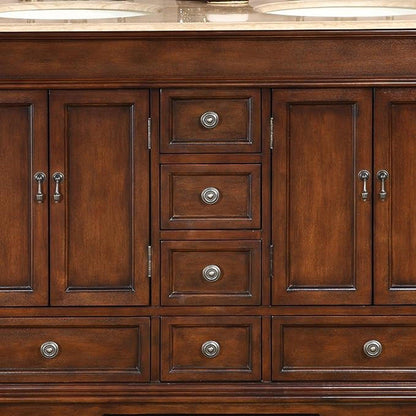 Silkroad Exclusive 48" Double Sink Red Chestnut Bathroom Vanity With Travertine Countertop and Ivory Ceramic Undermount Sink - HYP-0715-T-UIC-48