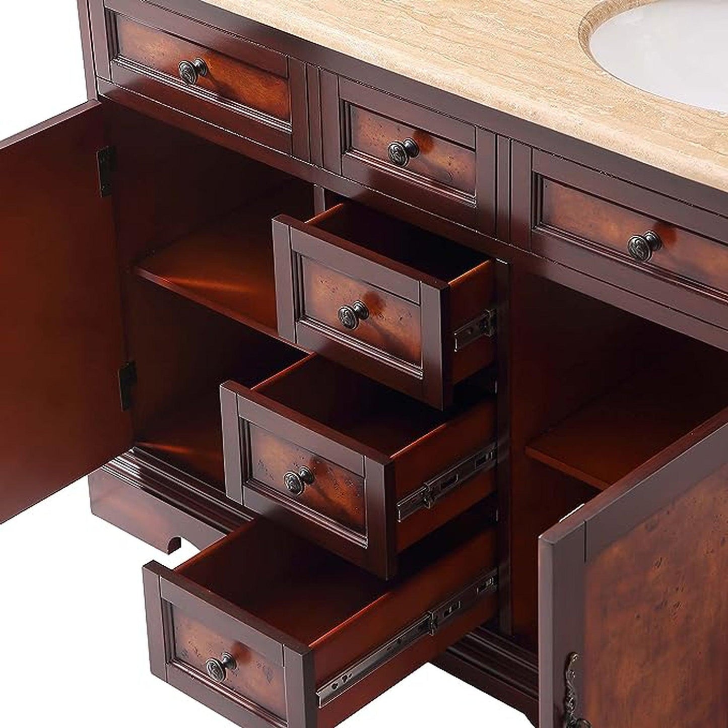 Silkroad Exclusive 48" Double Sink Red Chestnut Bathroom Vanity With Travertine Countertop and White Ceramic Undermount Sink - HYP-0716-T-UWC-48