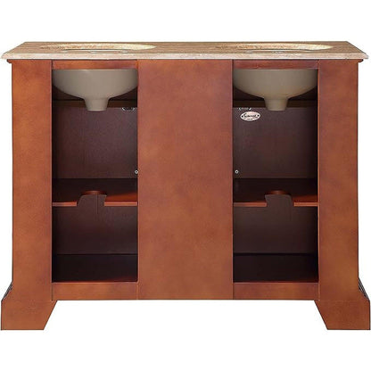 Silkroad Exclusive 48" Double Sink Red Chestnut Bathroom Vanity With Travertine Countertop and White Ceramic Undermount Sink - HYP-0716-T-UWC-48