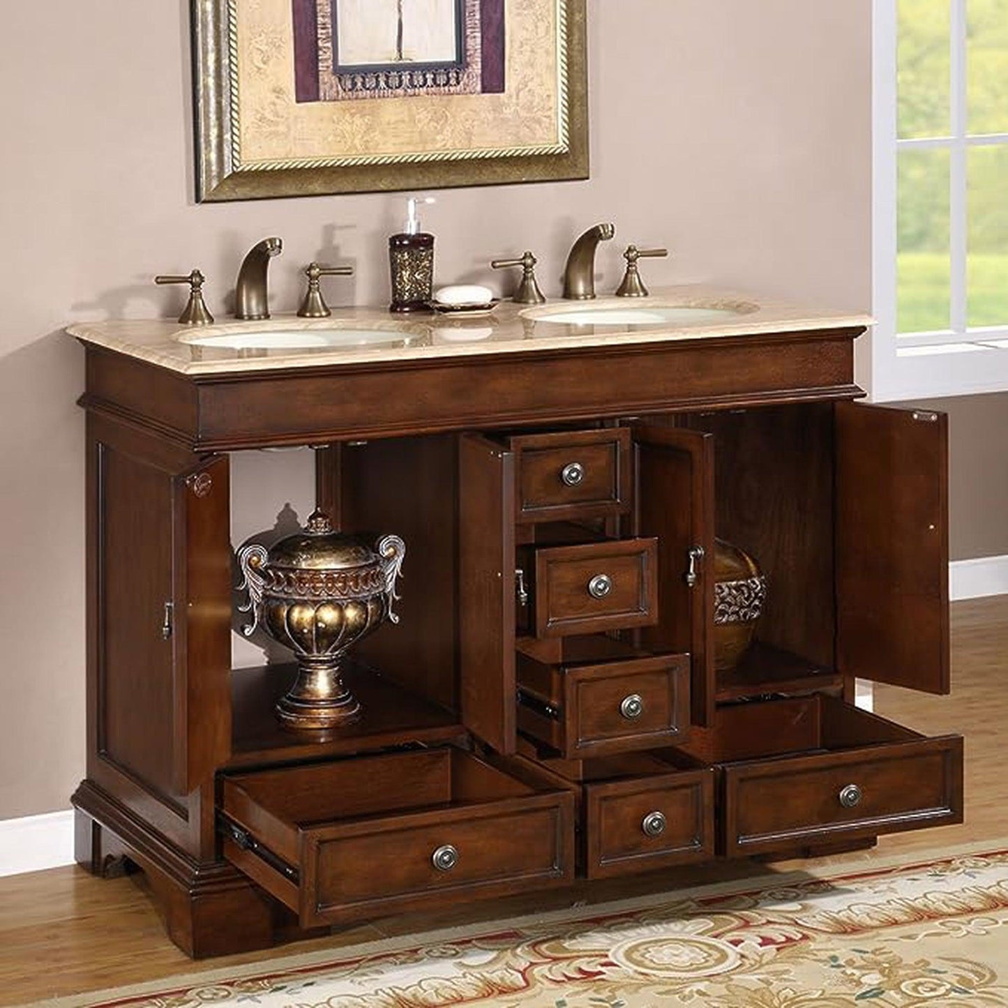 Silkroad Exclusive 48" Double Sink Red Chestnut Bathroom Vanity With Travertine Countertop and Ivory Ceramic Undermount Sink - HYP-0715-T-UIC-48