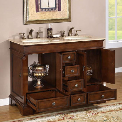 Silkroad Exclusive 48" Double Sink Red Chestnut Bathroom Vanity With Travertine Countertop and Ivory Ceramic Undermount Sink - HYP-0715-T-UIC-48