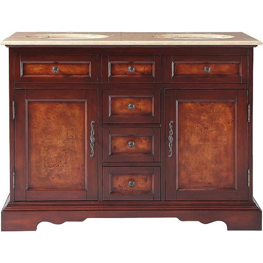Silkroad Exclusive 48" Double Sink Red Chestnut Bathroom Vanity With Travertine Countertop and White Ceramic Undermount Sink - HYP-0716-T-UWC-48
