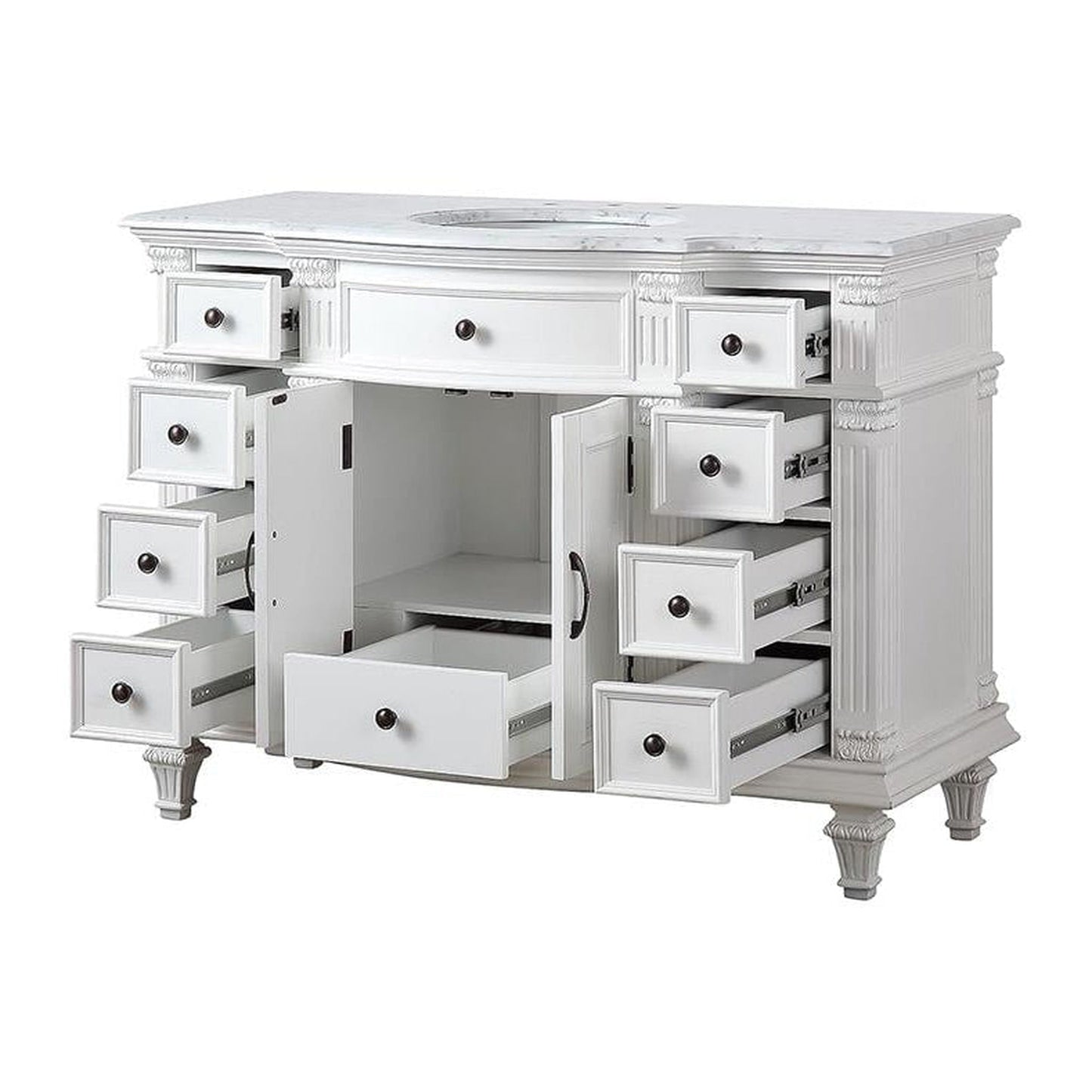 Silkroad Exclusive 48" Single Sink Antique White Bathroom Vanity With Carrara White Marble Countertop and White Ceramic Undermount Sink - V0277WW48C