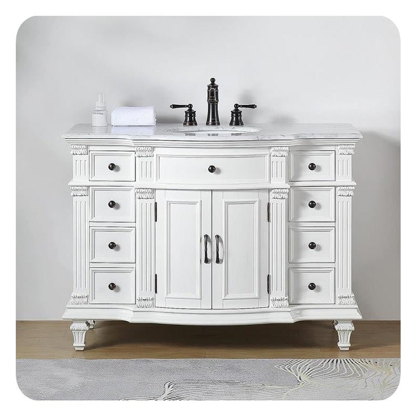 Silkroad Exclusive 48" Single Sink Antique White Bathroom Vanity With Carrara White Marble Countertop and White Ceramic Undermount Sink - V0277WW48C
