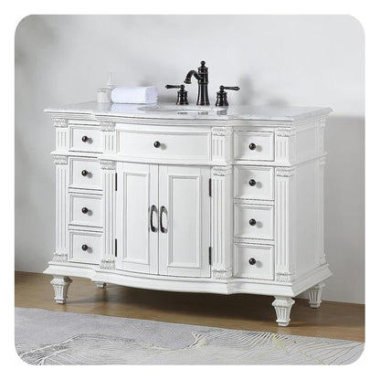 Silkroad Exclusive 48" Single Sink Antique White Bathroom Vanity With Carrara White Marble Countertop and White Ceramic Undermount Sink - V0277WW48C