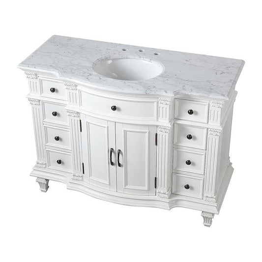 Silkroad Exclusive 48" Single Sink Antique White Bathroom Vanity With Carrara White Marble Countertop and White Ceramic Undermount Sink - V0277WW48C