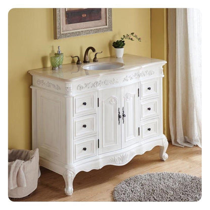 Silkroad Exclusive 48" Single Sink Antique White Bathroom Vanity With Crema Marfil Marble Countertop and White Ceramic Undermount Sink - HYP-0152-CM-UWC-48
