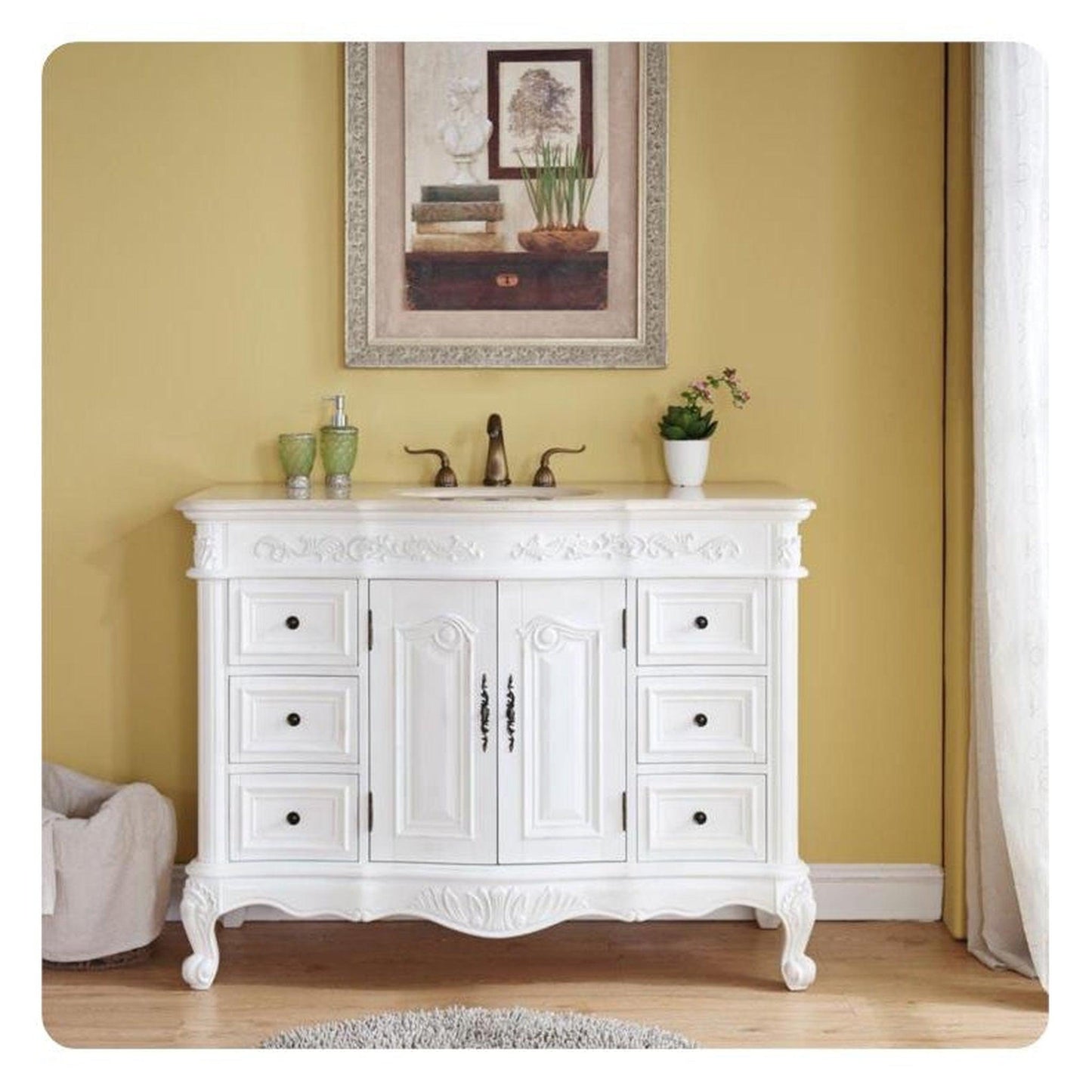 Silkroad Exclusive 48" Single Sink Antique White Bathroom Vanity With Crema Marfil Marble Countertop and White Ceramic Undermount Sink - HYP-0152-CM-UWC-48