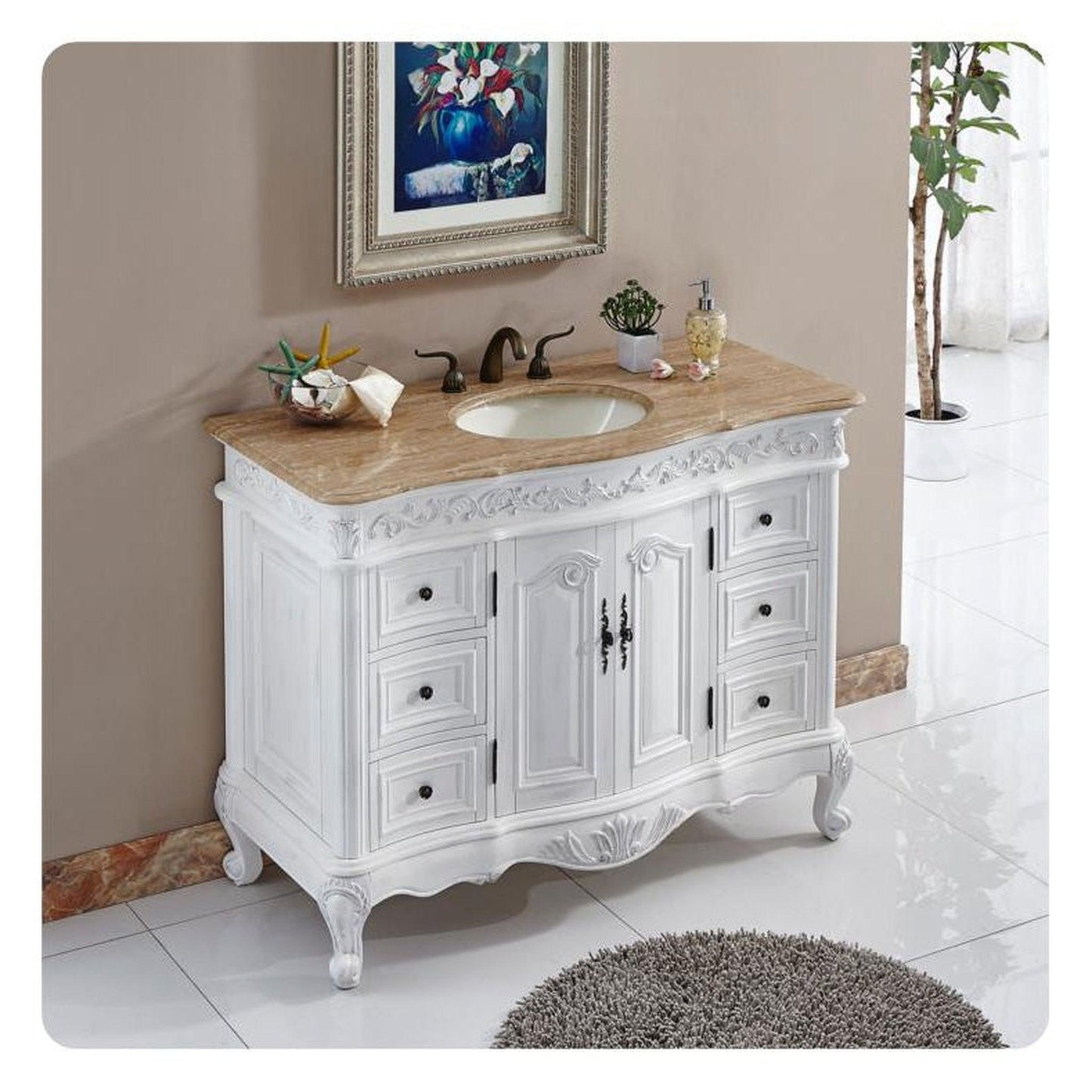 Silkroad Exclusive 48" Single Sink Antique White Bathroom Vanity With Travertine Countertop and Ivory Ceramic Undermount Sink - HYP-0152-T-UIC-48