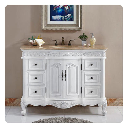 Silkroad Exclusive 48" Single Sink Antique White Bathroom Vanity With Travertine Countertop and Ivory Ceramic Undermount Sink - HYP-0152-T-UIC-48