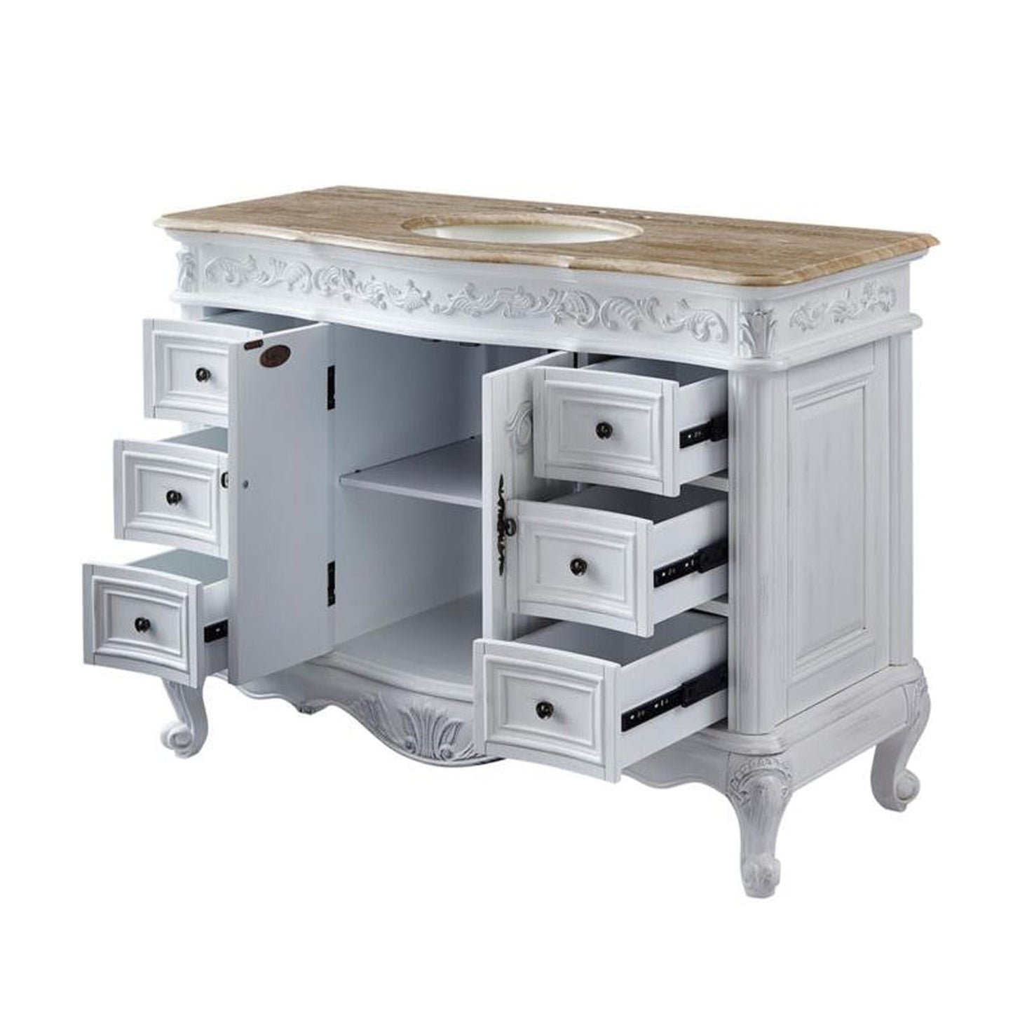 Silkroad Exclusive 48" Single Sink Antique White Bathroom Vanity With Travertine Countertop and Ivory Ceramic Undermount Sink - HYP-0152-T-UIC-48