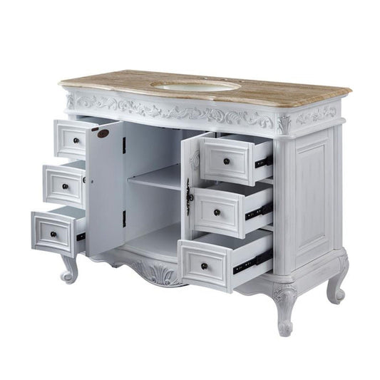 Silkroad Exclusive 48" Single Sink Antique White Bathroom Vanity With Travertine Countertop and Ivory Ceramic Undermount Sink - HYP-0152-T-UIC-48