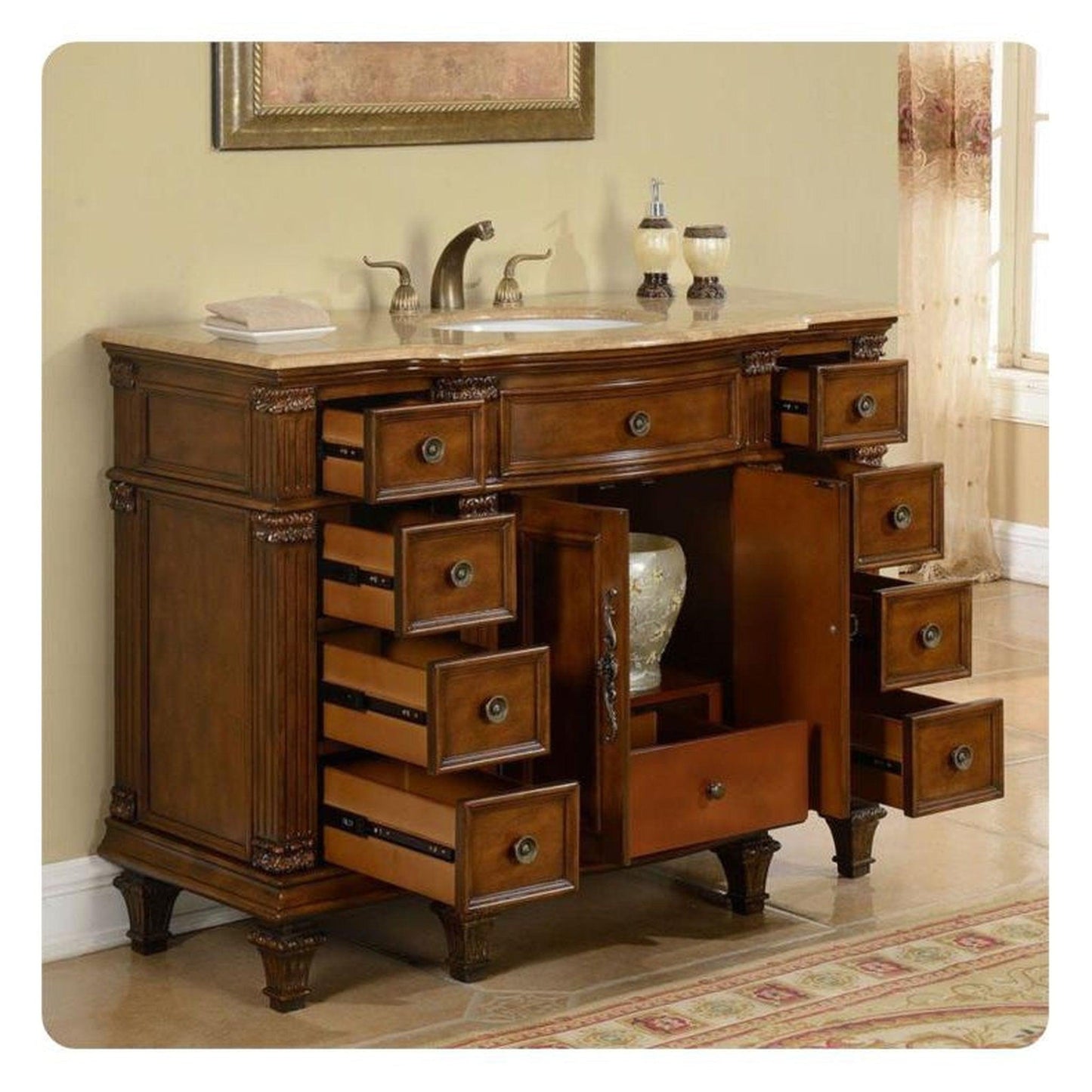 Silkroad Exclusive 48" Single Sink Brazilian Rosewood Bathroom Vanity With Travertine Countertop and White Ceramic Undermount Sink - HYP-0277-T-UWC-48