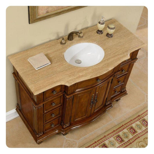 Silkroad Exclusive 48" Single Sink Brazilian Rosewood Bathroom Vanity With Travertine Countertop and White Ceramic Undermount Sink - HYP-0277-T-UWC-48