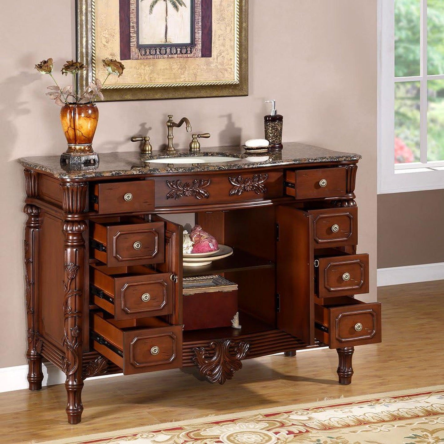 Silkroad Exclusive 48" Single Sink Dark Cherry Bathroom Vanity With Baltic Brown Granite Countertop and Ivory Ceramic Undermount Sink - HYP-0151-BB-UIC-48