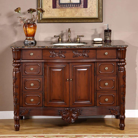 Silkroad Exclusive 48" Single Sink Dark Cherry Bathroom Vanity With Baltic Brown Granite Countertop and Ivory Ceramic Undermount Sink - HYP-0151-BB-UIC-48