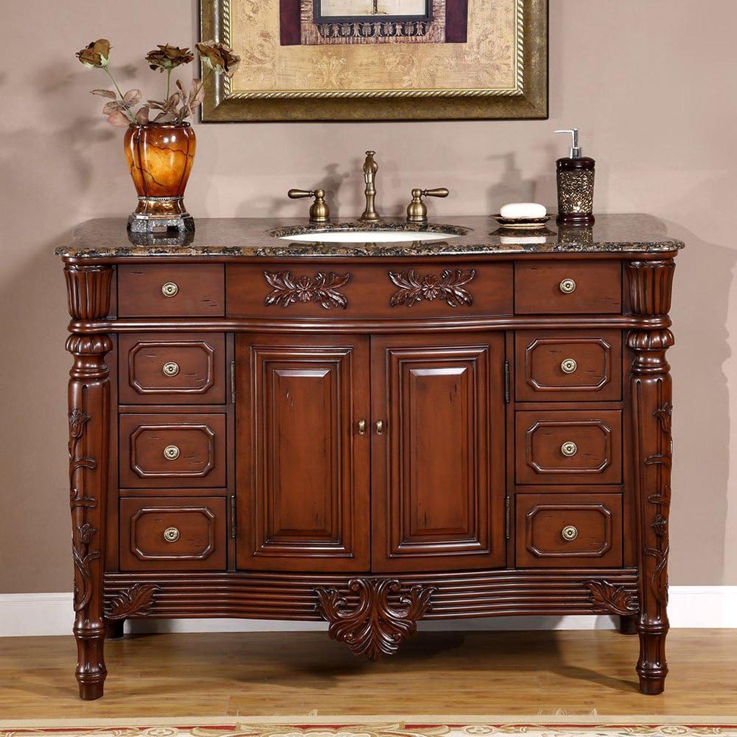 Silkroad Exclusive 48" Single Sink Dark Cherry Bathroom Vanity With Baltic Brown Granite Countertop and Ivory Ceramic Undermount Sink - HYP-0151-BB-UIC-48