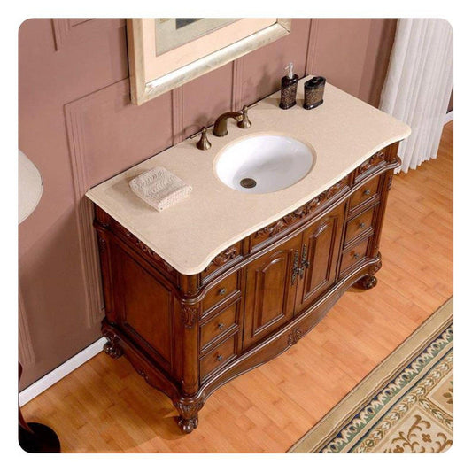 Silkroad Exclusive 48" Single Sink English Chestnut Bathroom Vanity With Crema Marfil Marble Countertop and White Ceramic Undermount Sink - ZY-0250-CM-UWC-48