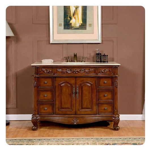 Silkroad Exclusive 48" Single Sink English Chestnut Bathroom Vanity With Crema Marfil Marble Countertop and White Ceramic Undermount Sink - ZY-0250-CM-UWC-48