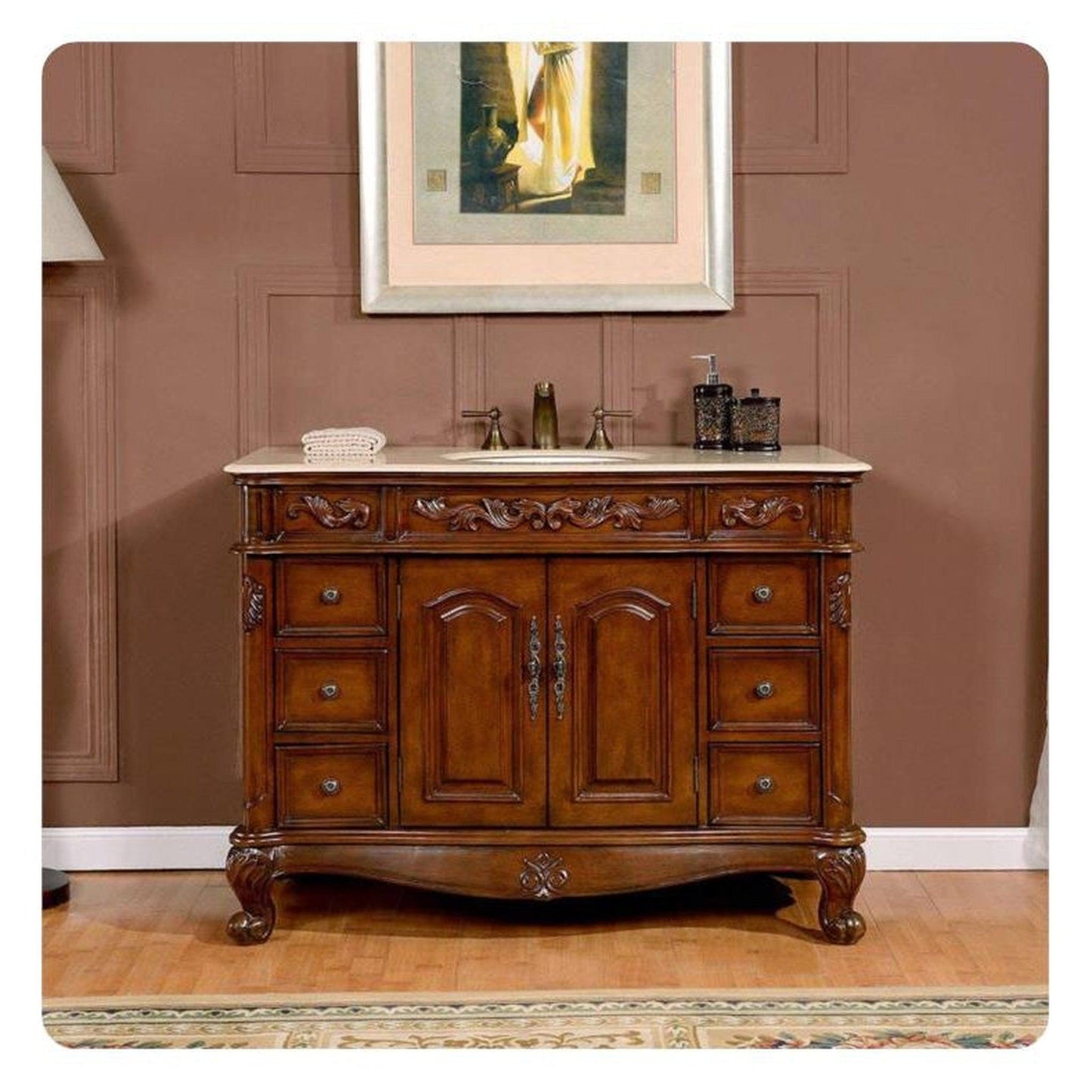 Silkroad Exclusive 48" Single Sink English Chestnut Bathroom Vanity With Crema Marfil Marble Countertop and White Ceramic Undermount Sink - ZY-0250-CM-UWC-48