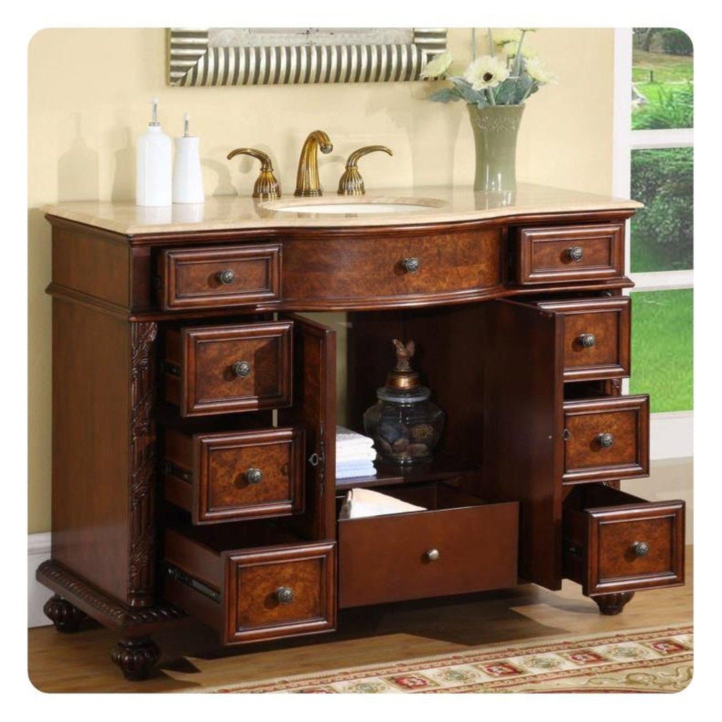 Silkroad Exclusive 48" Single Sink Red Mahogany Bathroom Vanity With Travertine Countertop and Ivory Ceramic Undermount Sink - JYP-0193-T-UIC-48