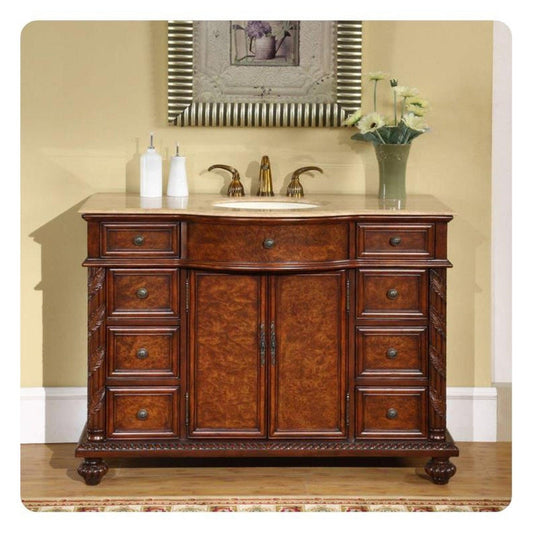 Silkroad Exclusive 48" Single Sink Red Mahogany Bathroom Vanity With Travertine Countertop and Ivory Ceramic Undermount Sink - JYP-0193-T-UIC-48