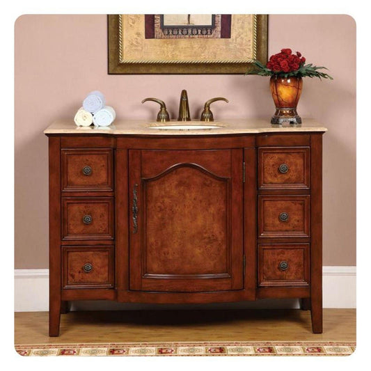 Silkroad Exclusive 48" Single Sink Red Oak Bathroom Vanity With Travertine Countertop and Ivory Ceramic Undermount Sink - HYP-0701-T-UIC-48