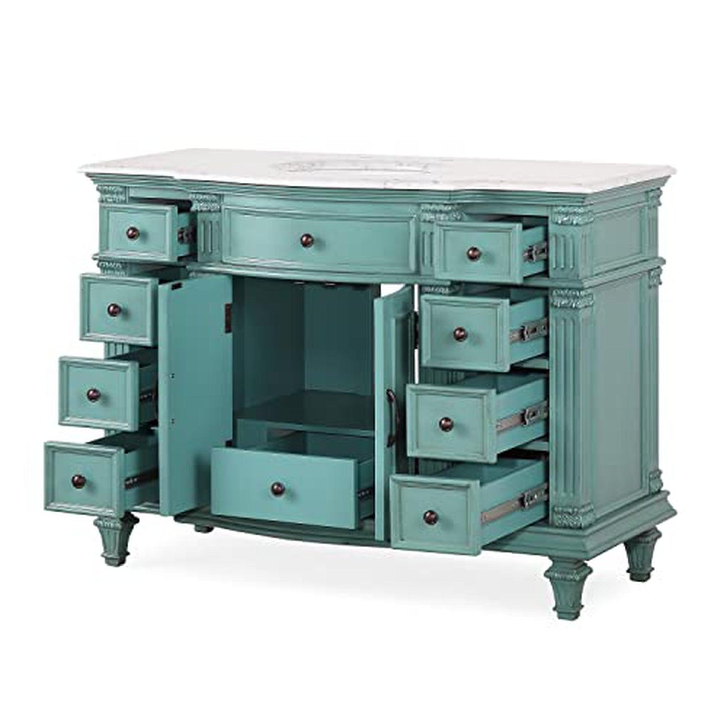 Silkroad Exclusive 48" Single Sink Retro Green Bathroom Vanity With Carrara White Marble Countertop and White Ceramic Undermount Sink - V0277NW48C