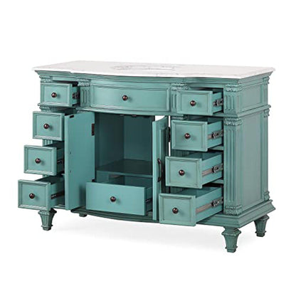 Silkroad Exclusive 48" Single Sink Retro Green Bathroom Vanity With Carrara White Marble Countertop and White Ceramic Undermount Sink - V0277NW48C
