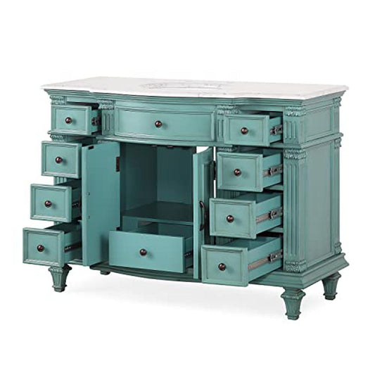 Silkroad Exclusive 48" Single Sink Retro Green Bathroom Vanity With Carrara White Marble Countertop and White Ceramic Undermount Sink - V0277NW48C